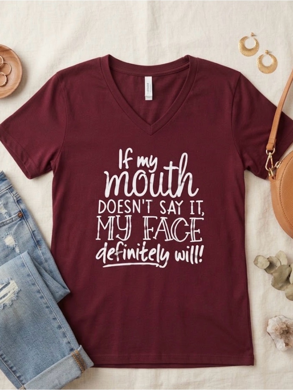 Gildan Burgundy V-Neck Tee with White Script Graphic
